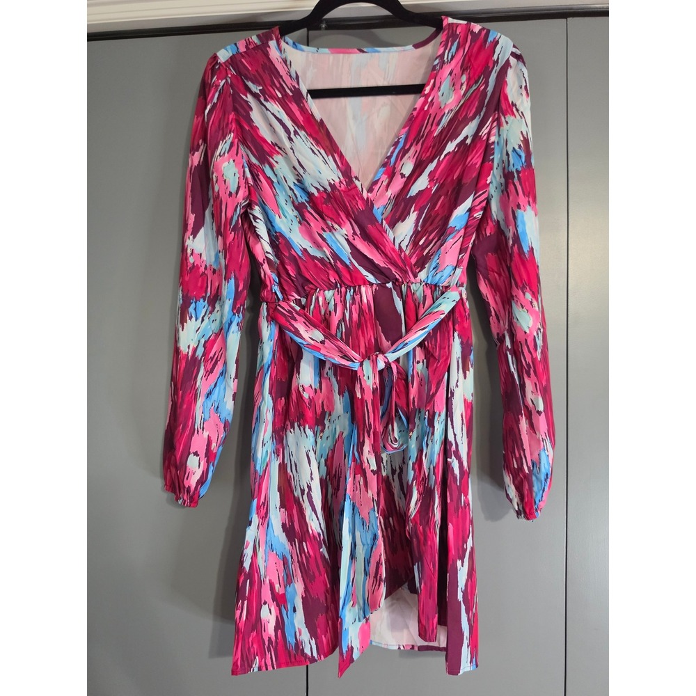 New SHEIN Wrap Dress Size medium Pink Blue Abstract Print Long Sleeve V-Neck
